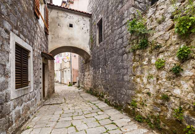 Stone paved street in Perast, Montenegro