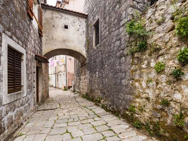 Stone paved street in Perast, Montenegro