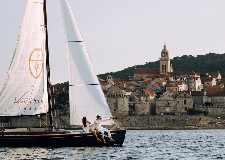 Lesic Dimitri Palace's sailing yacht in front of Korcula Old Town